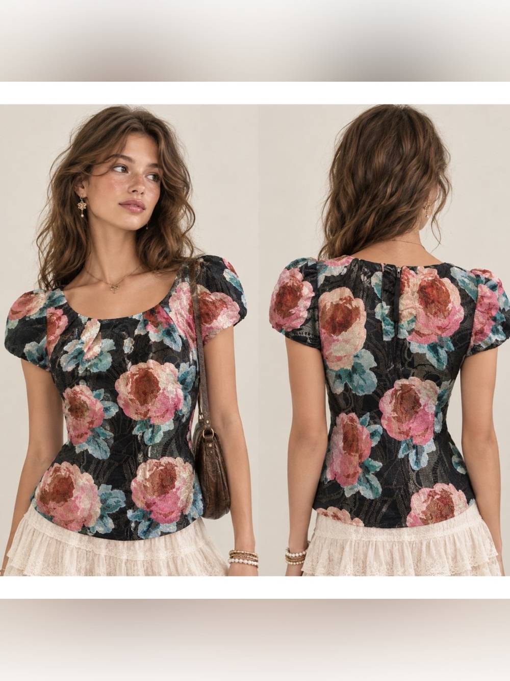 Leifsdottir Anthropologie Silk Blend Floral Brocade Puff Sleeve Blouse Whimsy